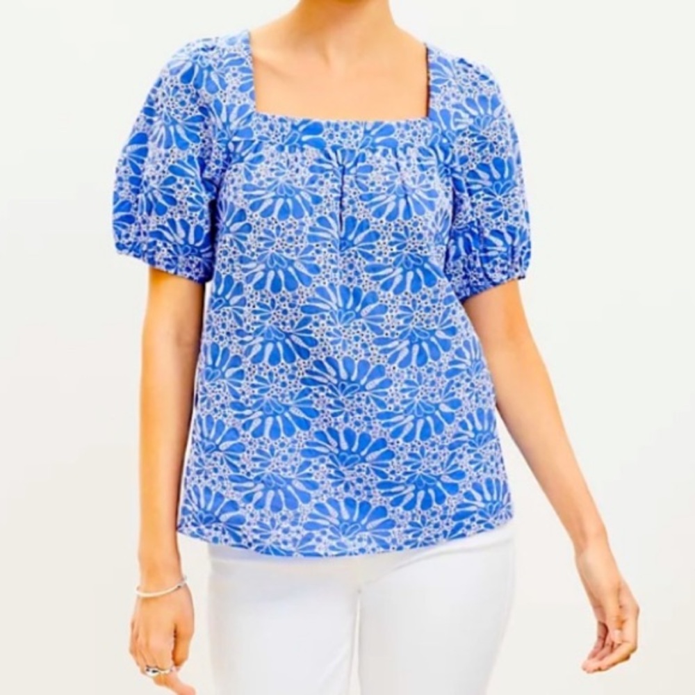 Loft Eyelet Bubble Sleeve Square Neck Top Size Small EUC